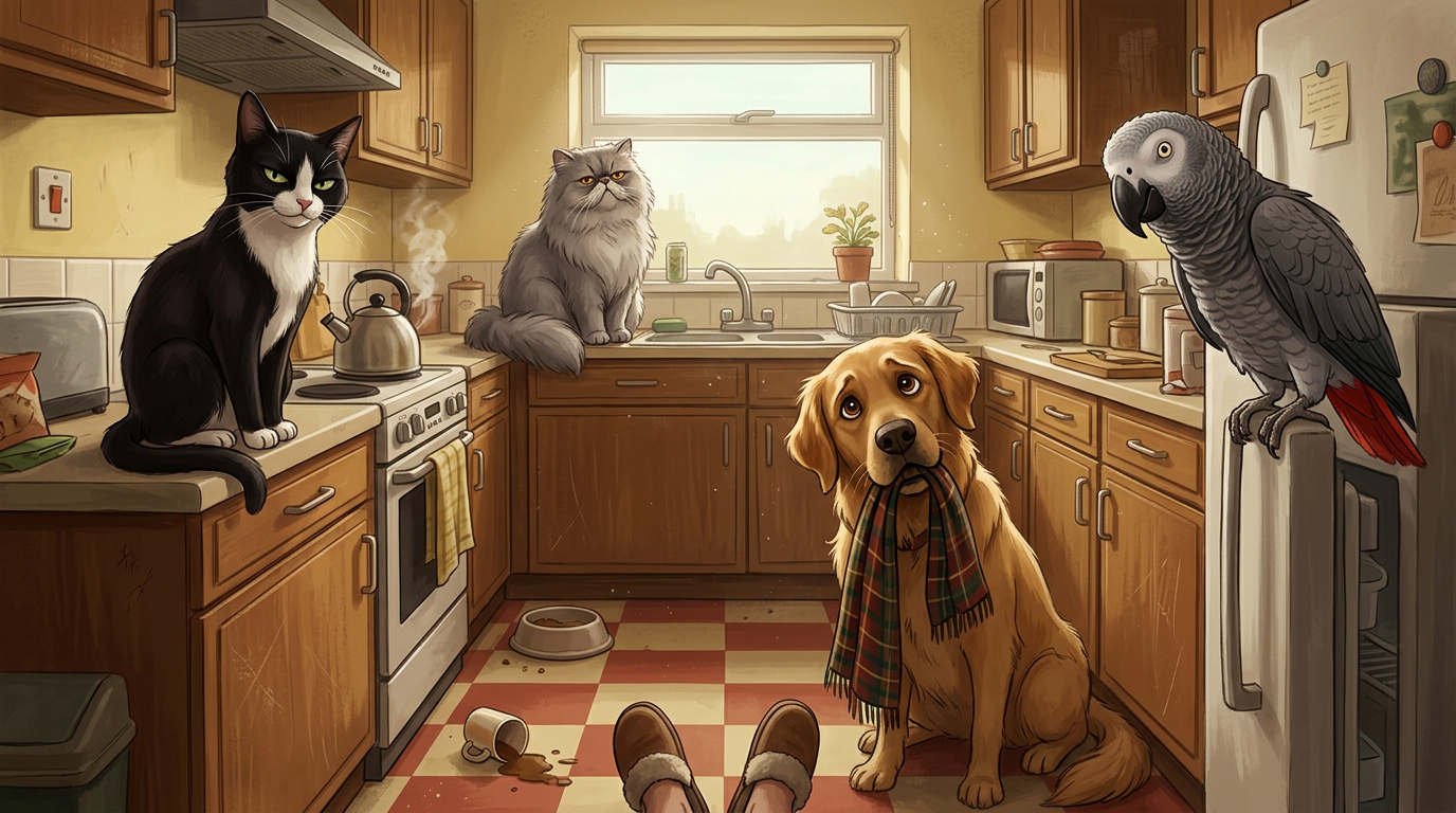 Four pets in a kitchen, with their owner's slippered feet on the floor
