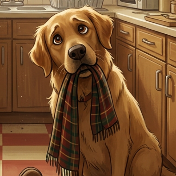 Bumble, a golden retriever holding a scarf